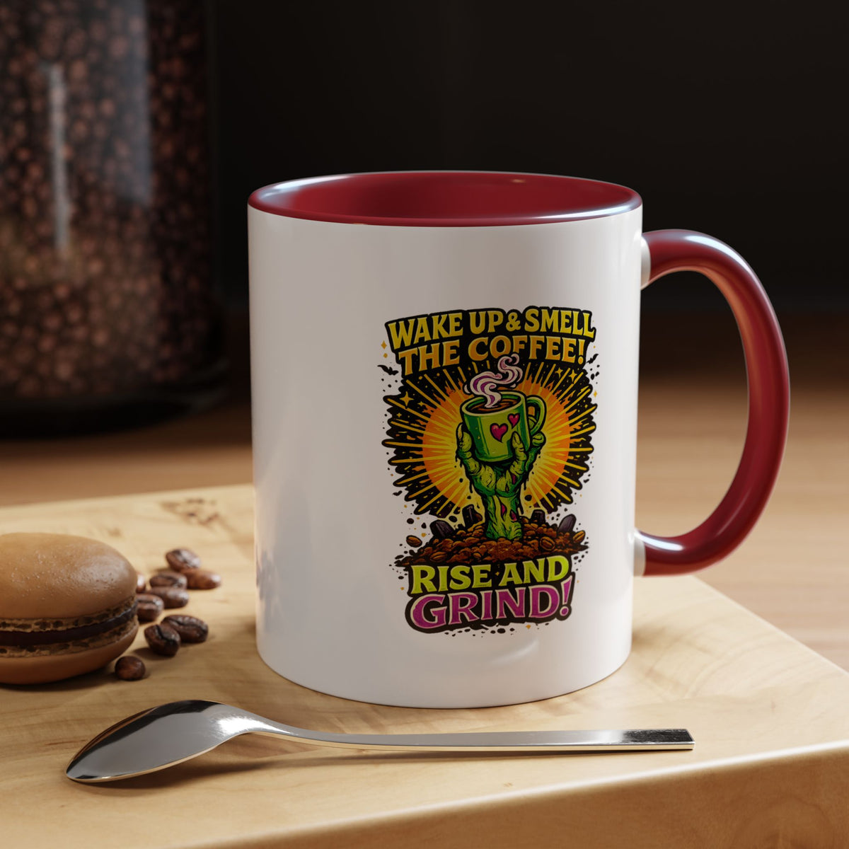Zombie Coffee Mug, Wake Up and Smell the Coffee Black Accent Cup, Unique Funny Rise and Grind Gift for Horror Fan, Barista or Coworker