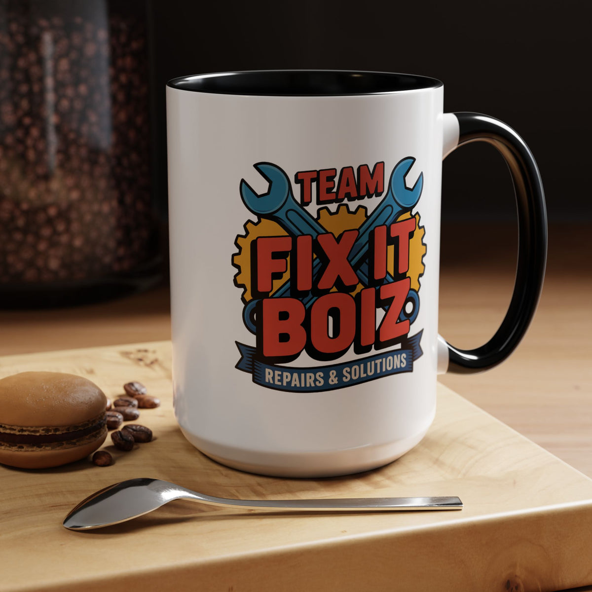 Mechanic Coffee Mug, Team Fix It Boiz Wrench and Gear Design, Handyman Gift for Dad or a Repair Crew Coworker, Workshop Coffee Break Cup