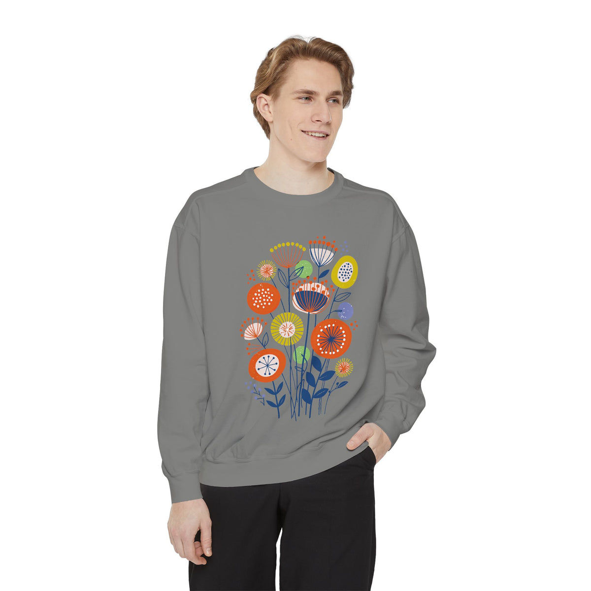 Retro Floral Graphic Sweatshirt, Colorful Botanical Pullover for Flower Lovers, Mid Century Garden Top, Cheerful Nature Gift for Her