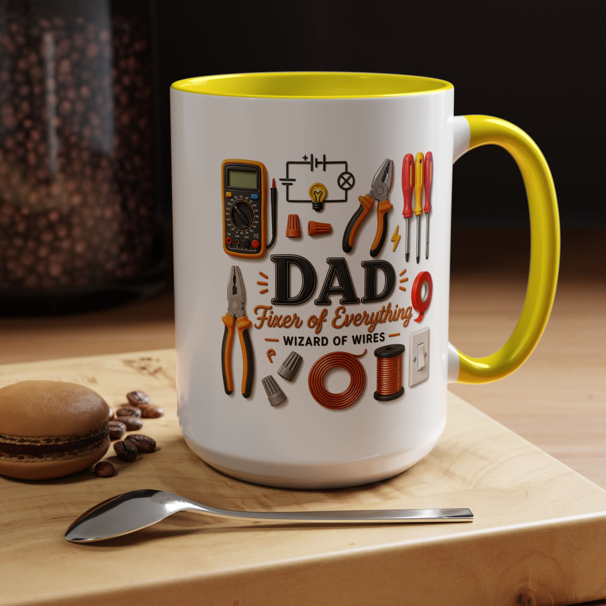 Electrician Dad Fixer of Everything Coffee Mug, Father's Day Gift for Electricians, Lineman Papa Handyman Ceramic Tea Cup with Black Handle