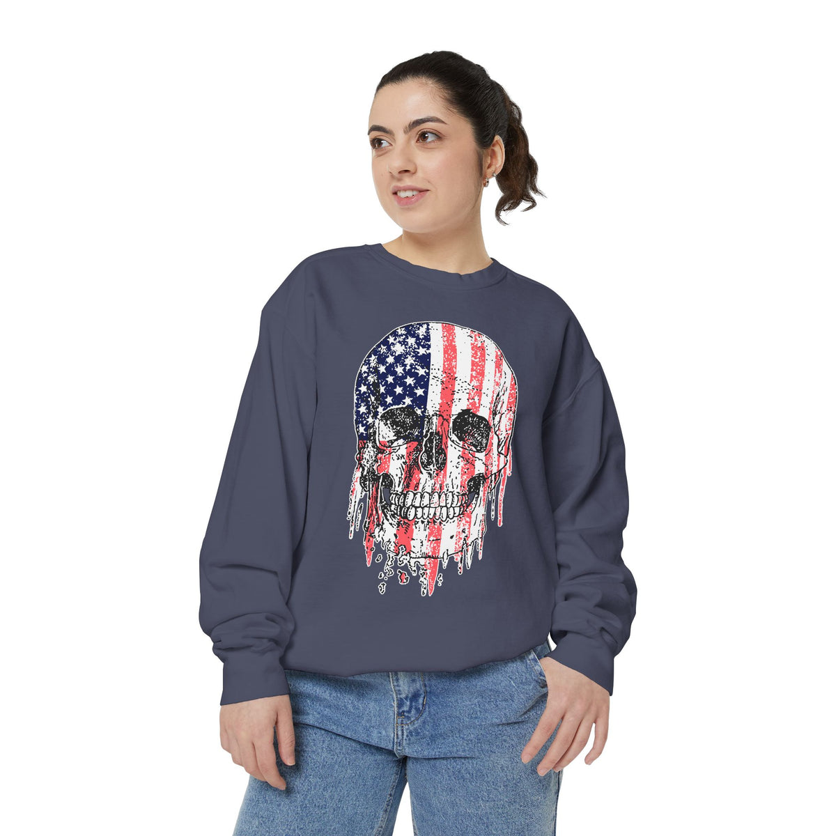 American Flag Skull Sweatshirt, Distressed Patriotic Graphic for Biker Outfits, Fourth of July Style, Birthday Gift for Skull Art Lovers