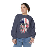 American Flag Skull Sweatshirt, Distressed Patriotic Graphic for Biker Outfits, Fourth of July Style, Birthday Gift for Skull Art Lovers