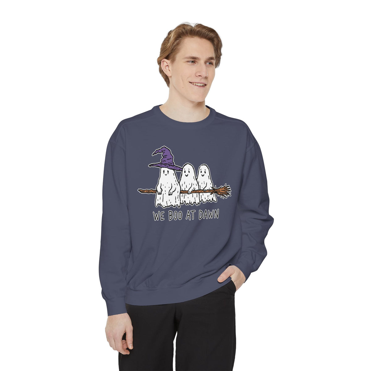 We Boo at Dawn Ghost Sweatshirt, Funny Halloween Witch Broom Pullover, Cute Spooky Season Gift for Friends and Ghost Lovers, October Outfit