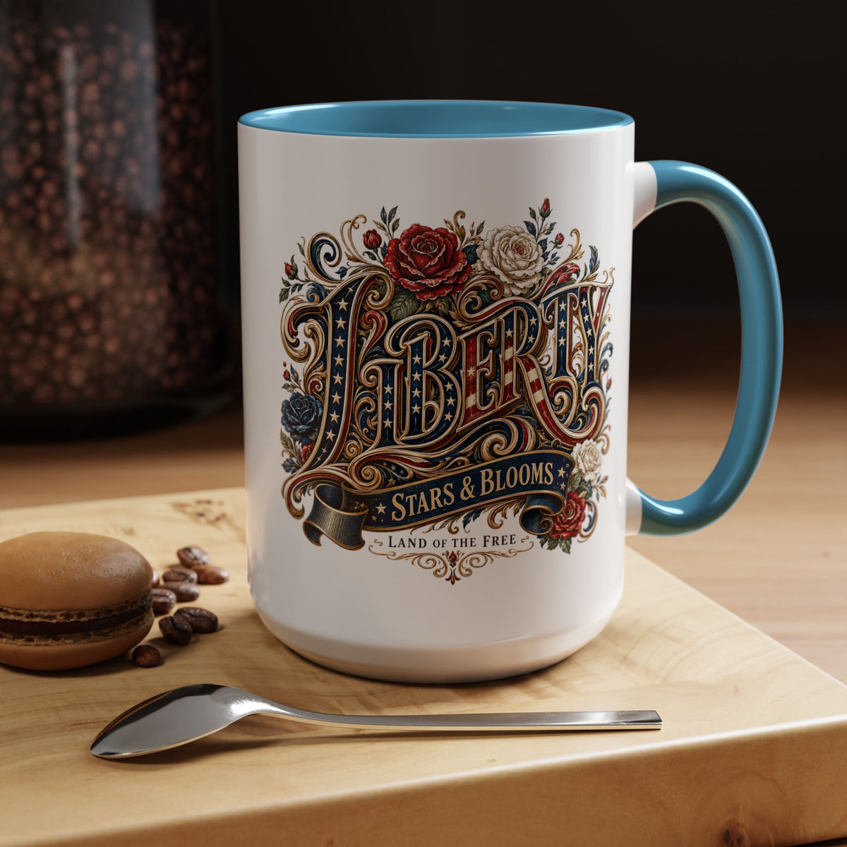 Vintage Patriotic Floral Coffee Mug, Liberty Stars and Blooms Mug, Americana Rose Art Cup, Fourth of July Gift, USA Lover Mug