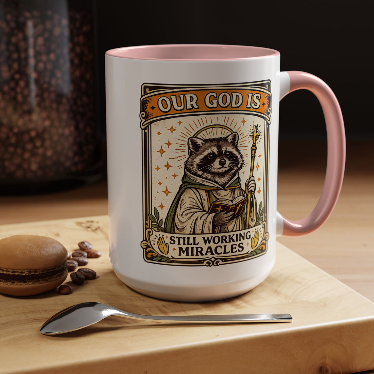 Our God Is Still Working Miracles Coffee Mug, Funny Raccoon Christian Gift for Friends, Cute Religious Parody Trash Panda Ceramic Tea Cup with Black Handle