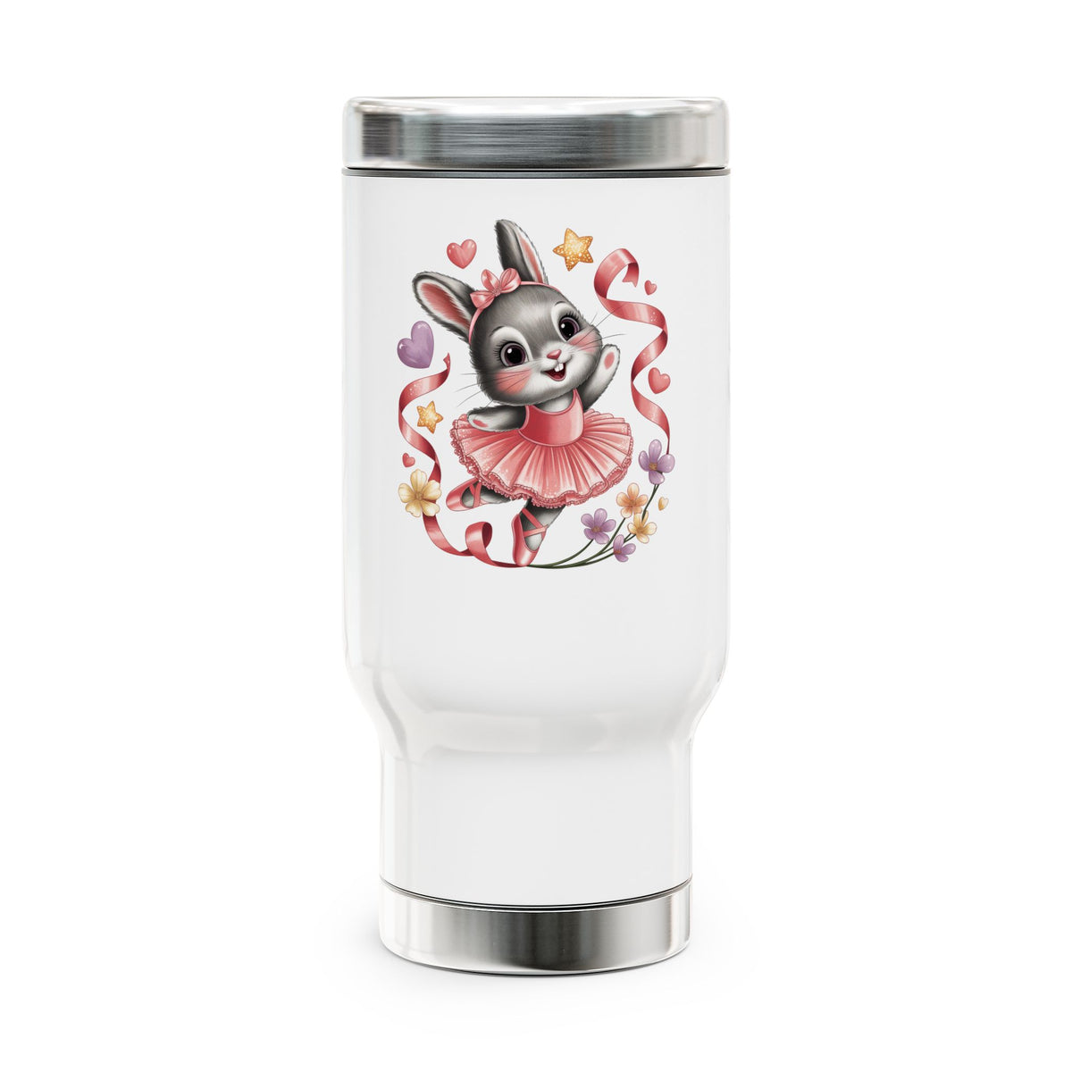 Ballet Bunny Travel Mug with Handle, Cute Pink Rabbit Coffee Cup, Gift for Dancers, Ballerinas, Ballet Class and Bunny Lovers