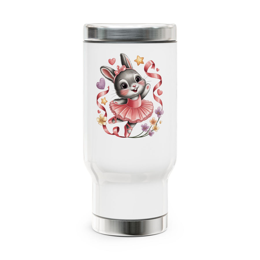 A white stainless steel travel mug with a silver lid and base, printed with a cute gray bunny ballerina in a pink tutu and hair bow, dancing among pink ribbons, hearts, stars and small flowers.