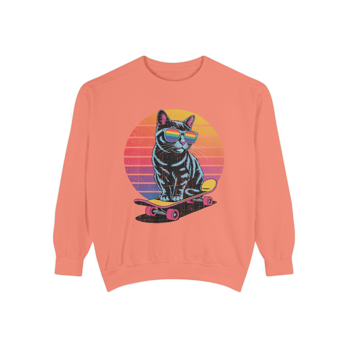 Retro Skateboard Cat Sweatshirt, Rainbow Sunglasses Kitty Crewneck, Funny Cat Lover Gift, Vintage Skater Graphic Cozy Pullover Top