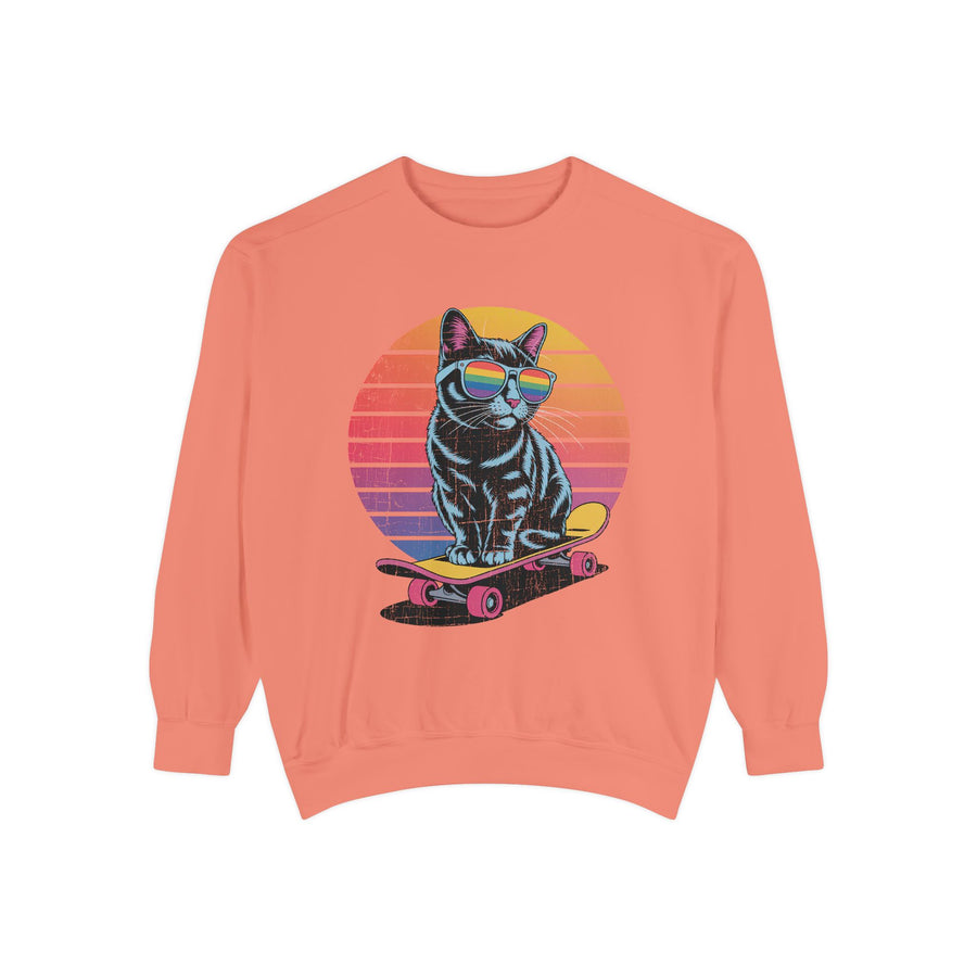 A green crewneck sweatshirt printed with a black cat in sunglasses riding a skateboard in front of a retro striped sunset.