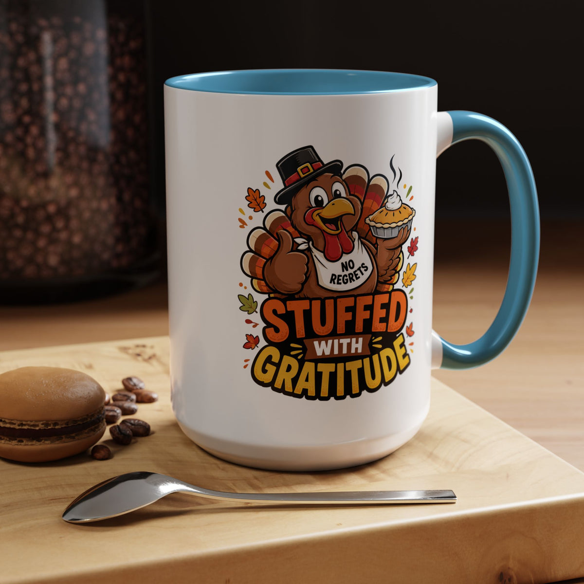 Stuffed With Gratitude Mug, Funny Thanksgiving Turkey Coffee Cup, Friendsgiving Hostess Gift, Cute Fall Drinkware for Food Lovers