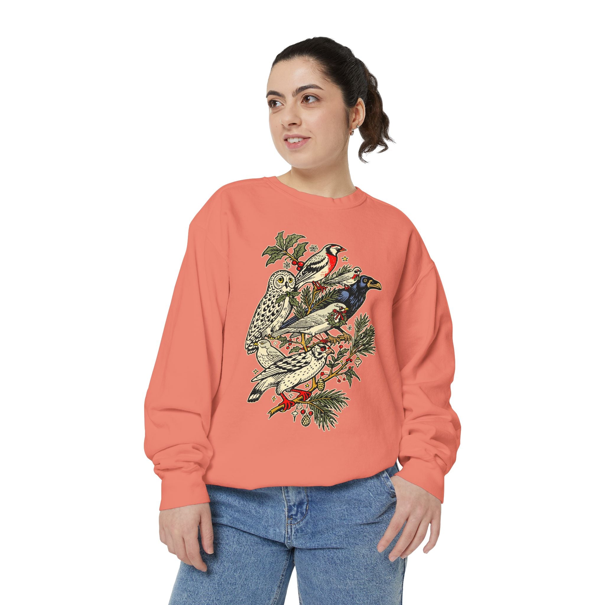 Winter Birds Graphic Sweatshirt, Vintage Woodland Pullover for Bird Lovers, Festive Nature Top, Cozy Christmas Gift for Birdwatchers