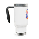 Happy Birthday to You Travel Mug with Handle, Pink and Blue Lettering with Party Balloons, Coffee Lover Gift for a Best Friend or Sister