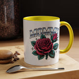Mommy Coffee Mug, Pink Rose and Teal Leaf Design with Silver Look Lettering, Mother's Day Gift for Mom or a Floral Birthday Present for Her
