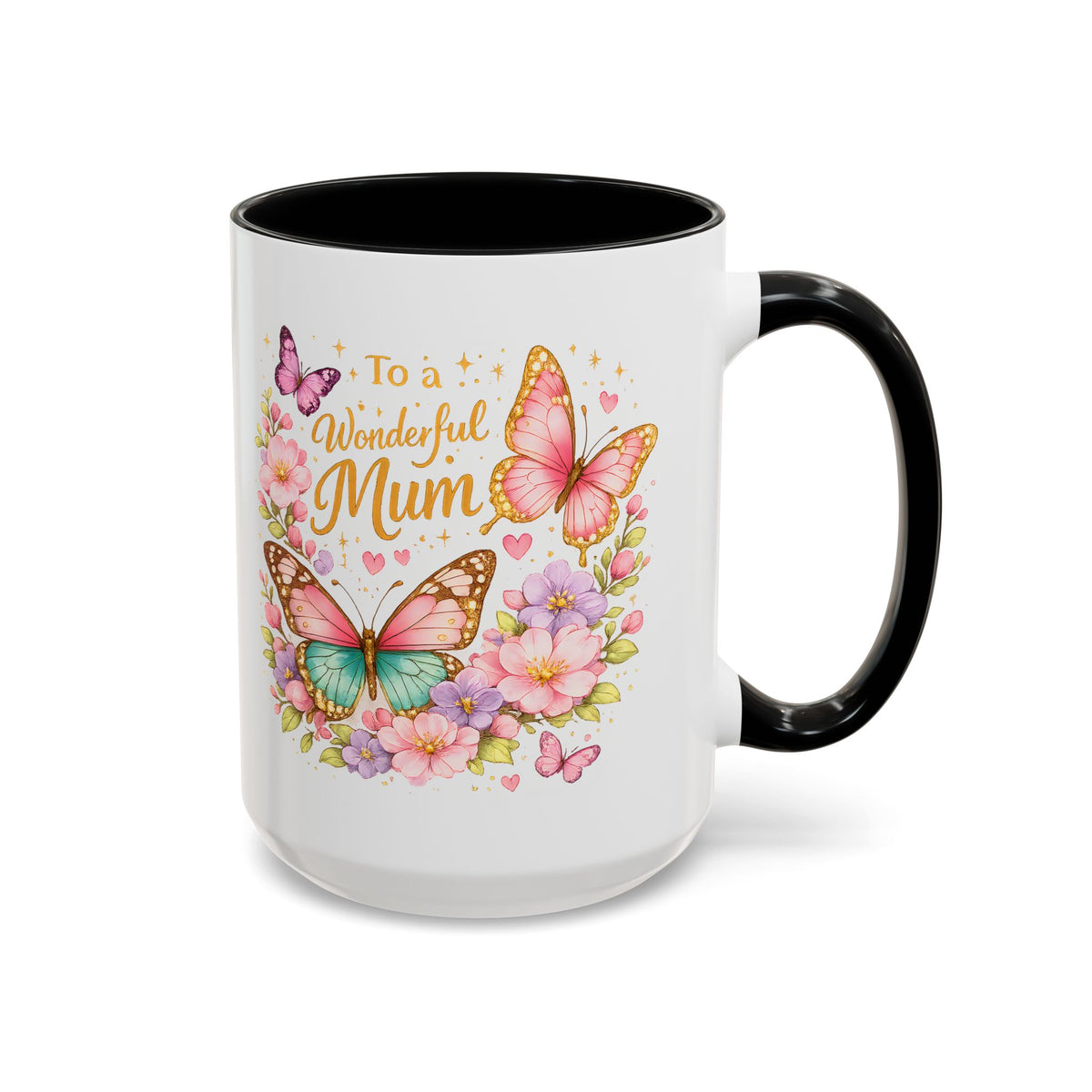 To a Wonderful Mum Coffee Mug, Cute Butterfly Birthday Gift for Mother, Floral Pastel Watercolor Ceramic Tea Cup with Pink Handle, Mum Gift