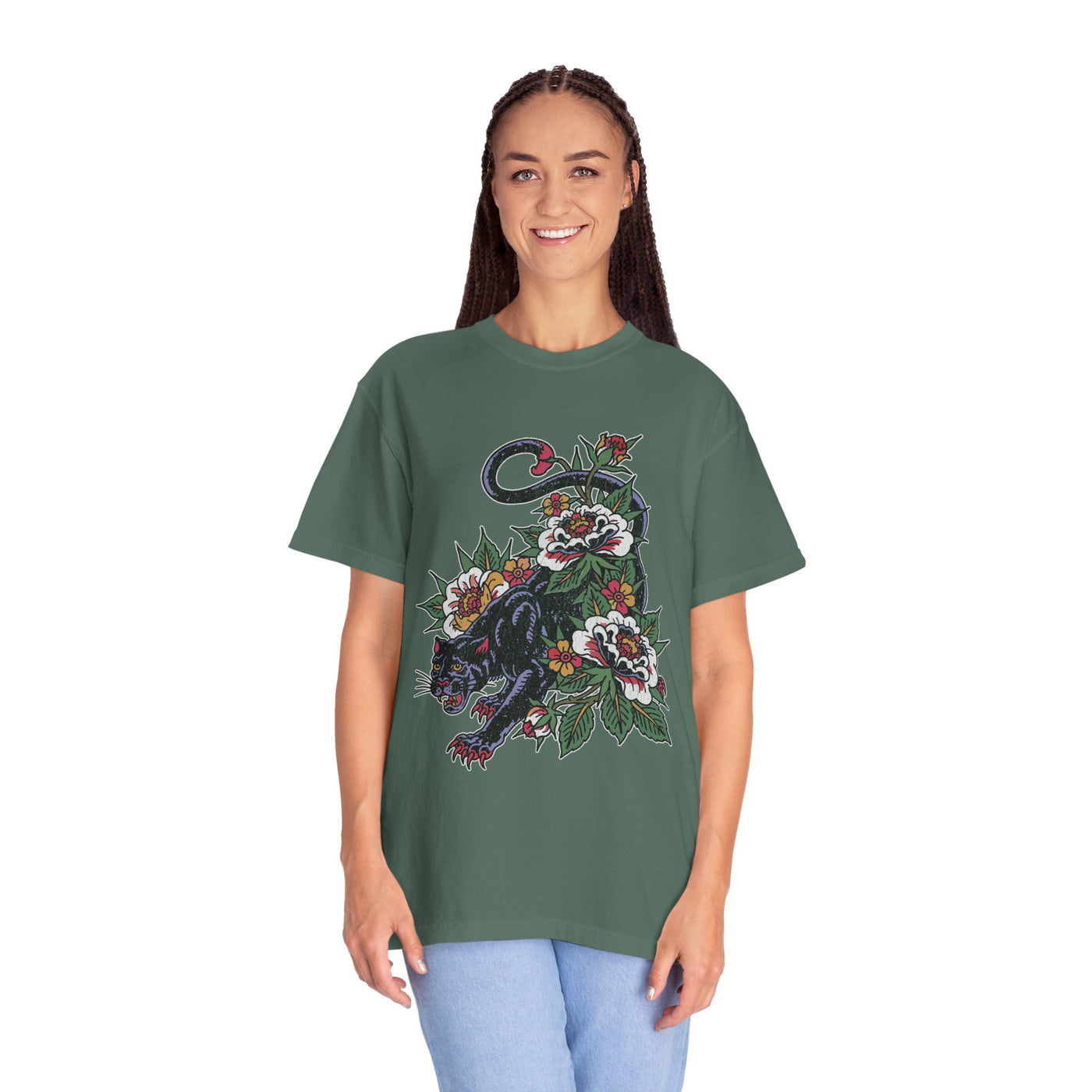 Traditional Panther Graphic Shirt, Floral Tattoo T-Shirt for Men and Women, Old School Big Cat Tee, Alternative Art Gift for Tattoo Fans