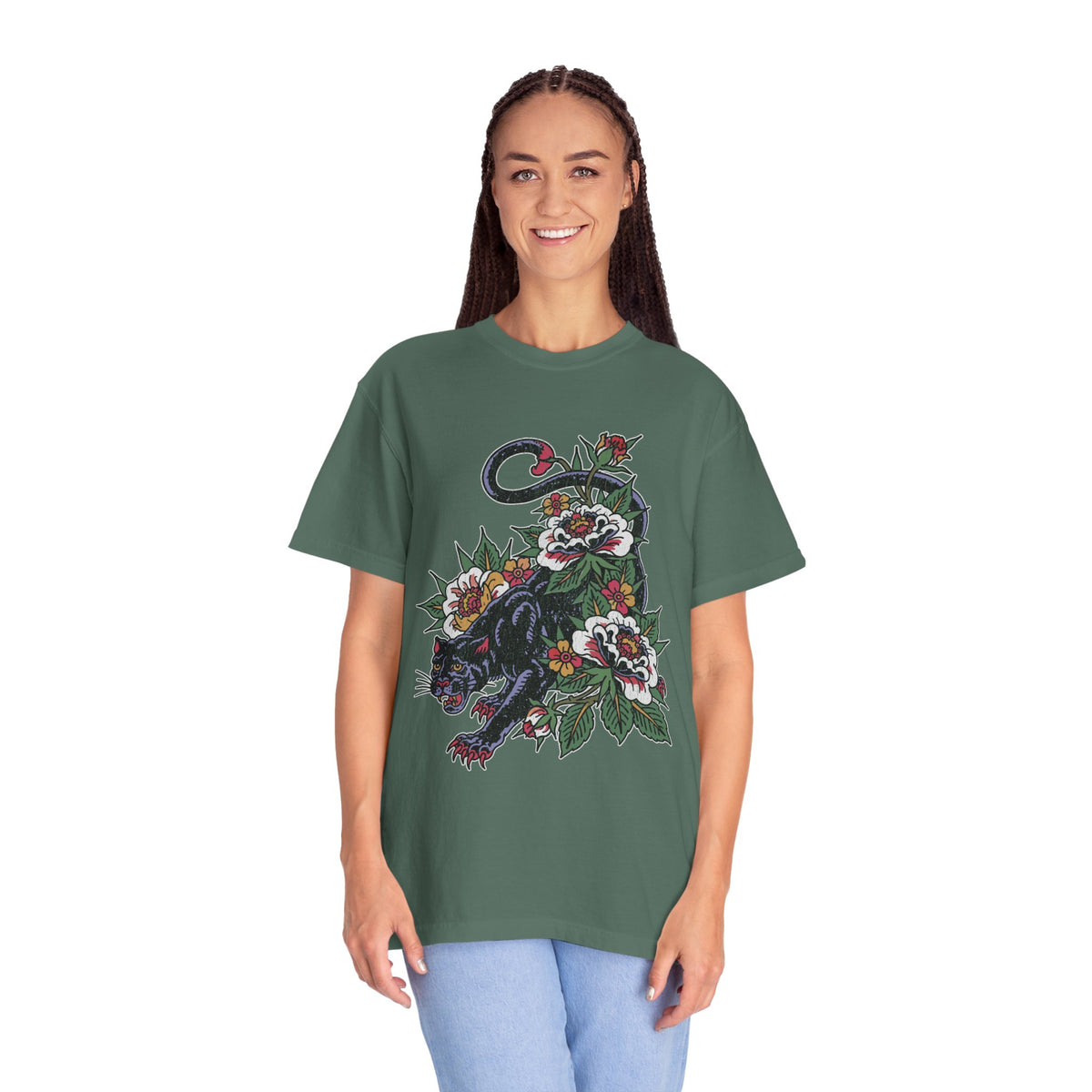 Traditional Panther Graphic Shirt, Floral Tattoo T-Shirt for Men and Women, Old School Big Cat Tee, Alternative Art Gift for Tattoo Fans