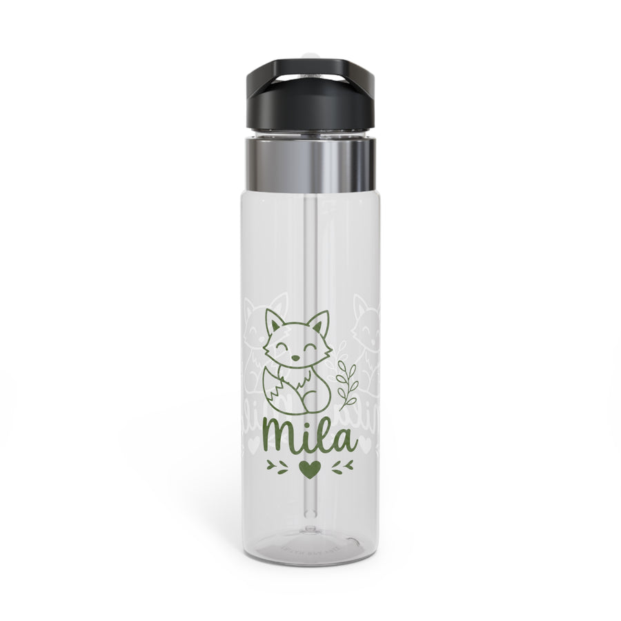 A clear Tritan water bottle with a black screw-on lid and straw, printed with woodland fox graphics and a name, styled with nature-themed decor.
