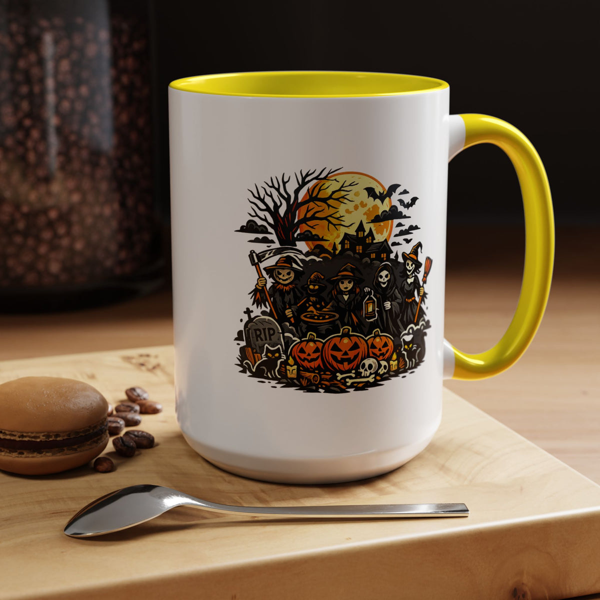 Halloween Witch Coffee Mug, Spooky Reaper and Pumpkin Cup, Gothic Horror Gift for Halloween Lover, Haunted House October Drinkware