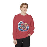 Japanese Surfing Raccoon Sweatshirt, Retro Wave Graphic Crewneck, Funny Animal Surfer Gift, Japan Inspired Beachwear Cozy Pullover