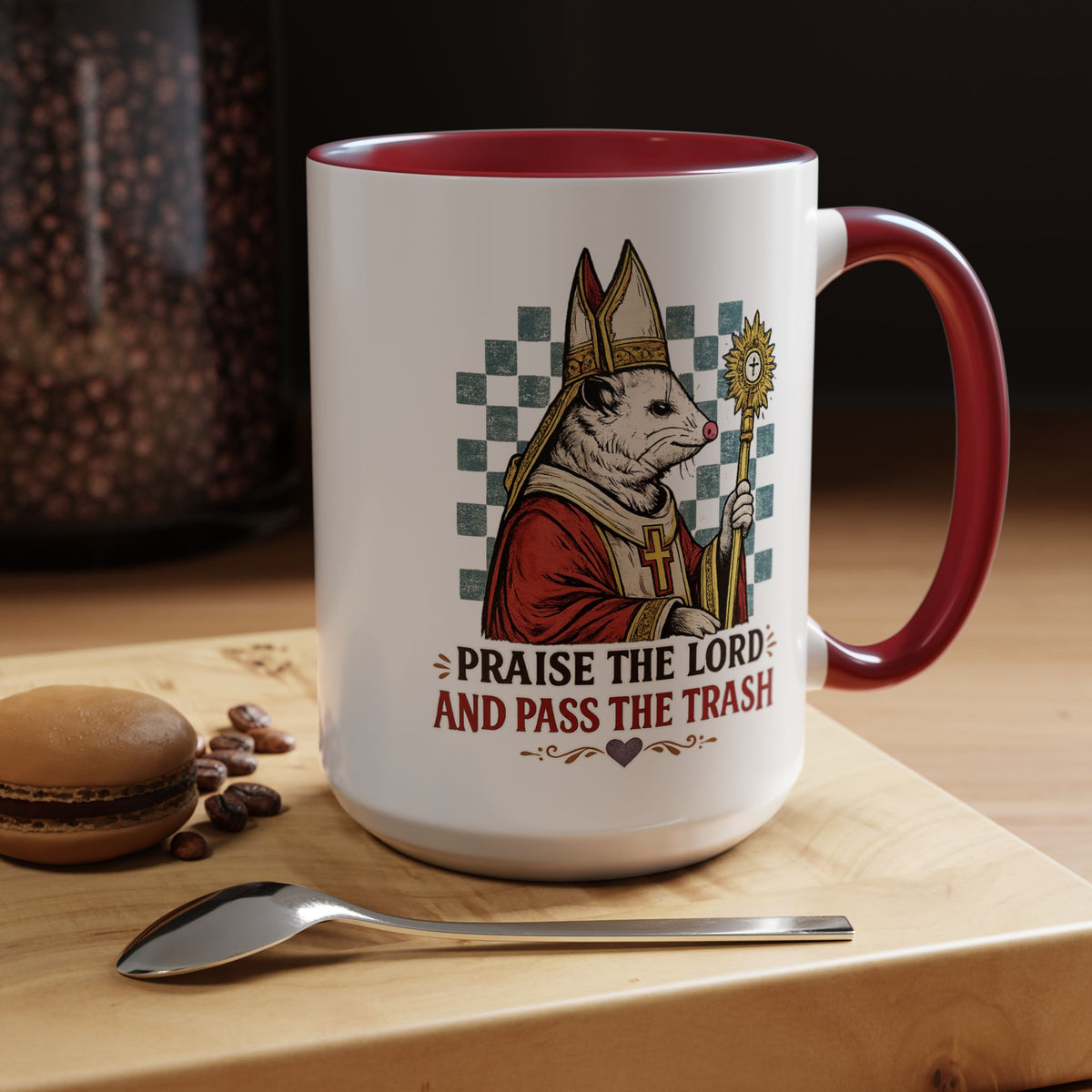 Praise the Lord and Pass the Trash Coffee Mug, Funny Opossum Pope Gift for Friends, Sarcastic Christian Possum Ceramic Tea Cup with Black Handle