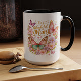 To a Wonderful Mum Coffee Mug, Cute Butterfly Birthday Gift for Mother, Floral Pastel Watercolor Ceramic Tea Cup with Pink Handle, Mum Gift