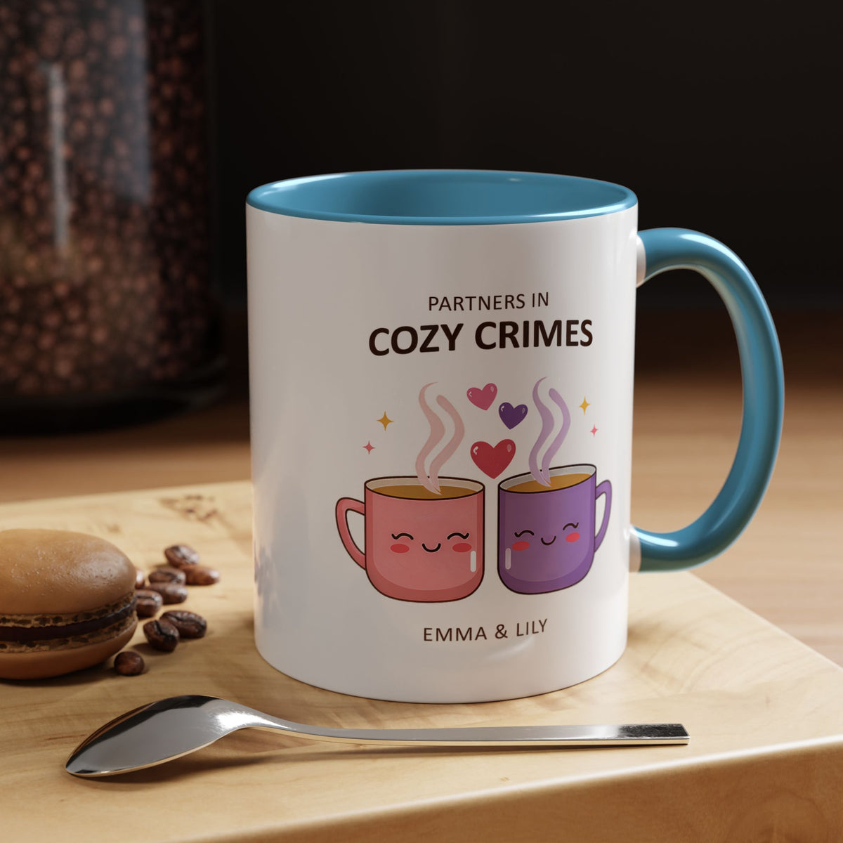 Partners in Cozy Crimes Mug, Personalized Best Friend Coffee Mug, Custom Name Friendship Gift for Women