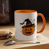 Cute Pumpkin Halloween Mug, Smiling Jack O Lantern Black Accent Coffee Cup, Cute Friendly Ghost Gift for Kids, Teachers or Fall Lovers