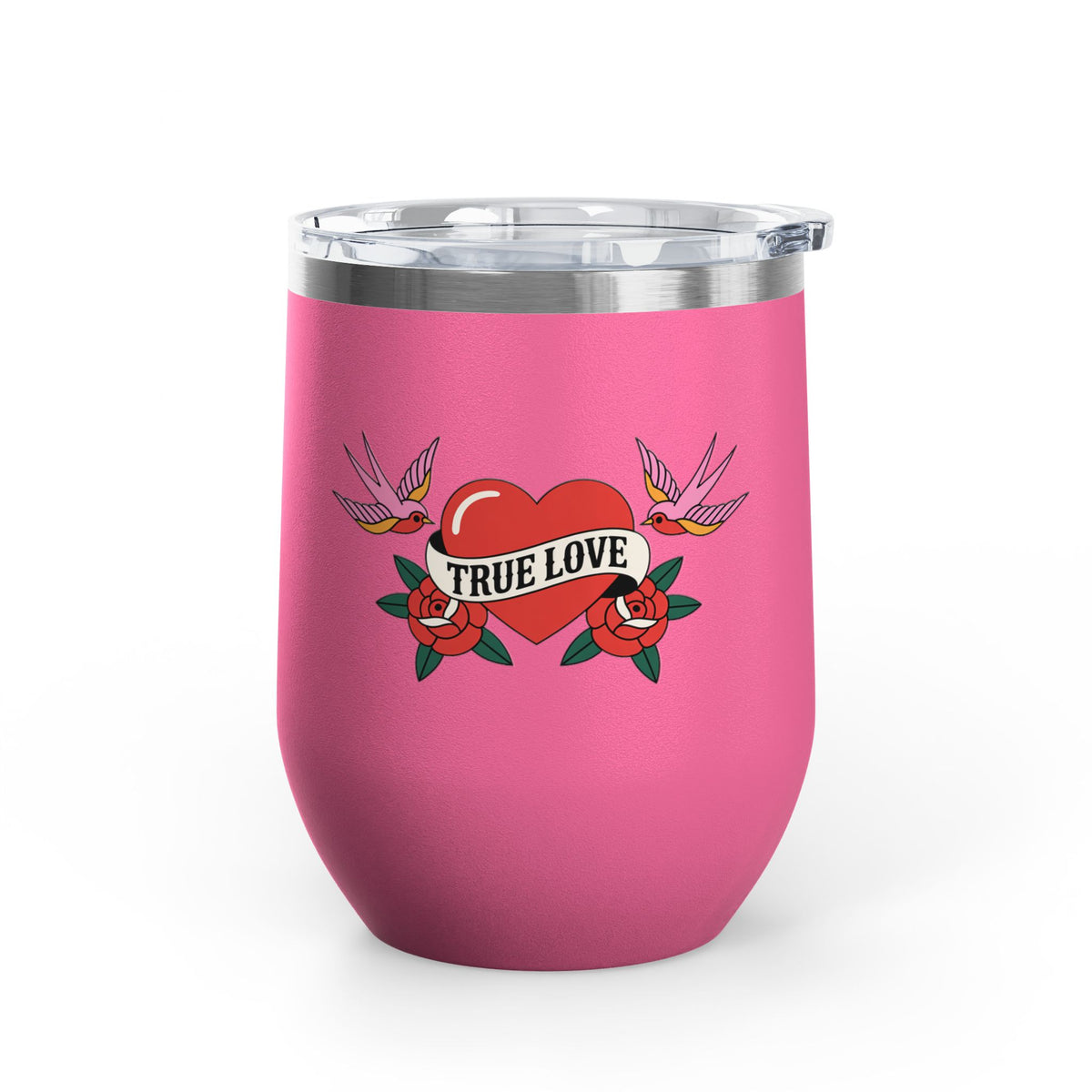 True Love Wine Tumbler, Vintage Tattoo Heart and Roses Cup, Romantic Anniversary Gift, Retro Drinkware for Couples