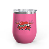 True Love Wine Tumbler, Vintage Tattoo Heart and Roses Cup, Romantic Anniversary Gift, Retro Drinkware for Couples