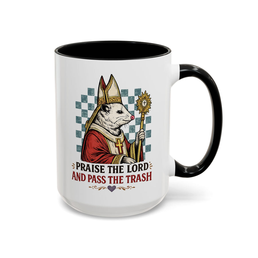 Praise the Lord and Pass the Trash Coffee Mug, Funny Opossum Pope Gift for Friends, Sarcastic Christian Possum Ceramic Tea Cup with Black Handle