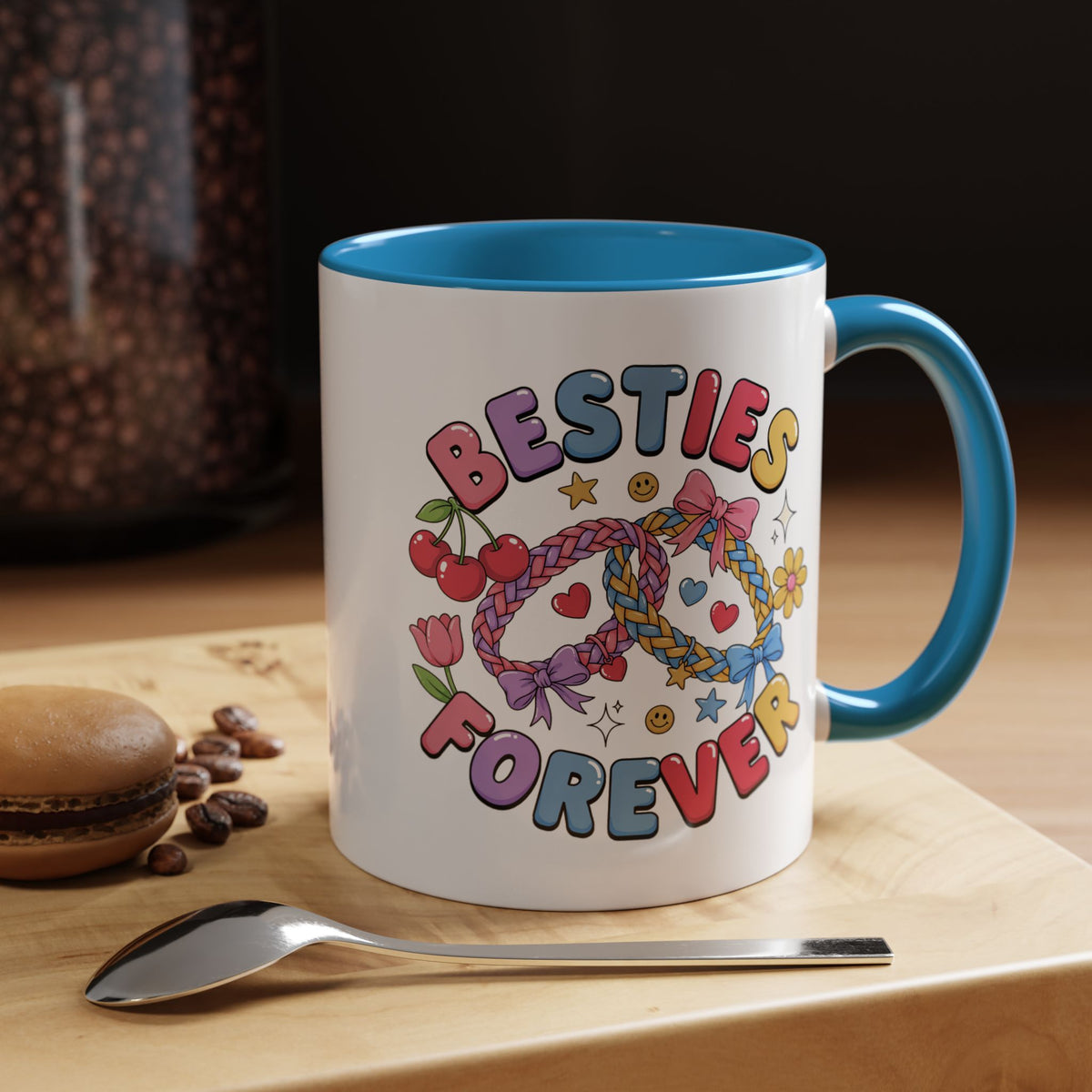 Best Friends Coffee Mug, Besties Forever Friendship Bracelet Design, Colorful Birthday Gift for a Best Friend or Long Distance Coffee Buddy
