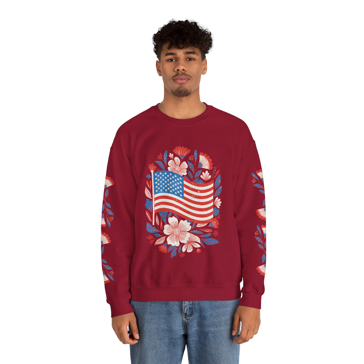 Floral American Flag Sweatshirt, Patriotic USA Pullover, Red White Blue Flower Top, Fourth of July Outfit, Americana Gift for Women