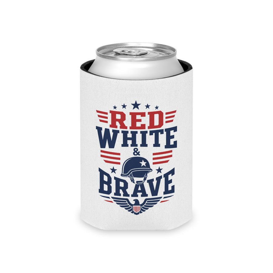 A white can cooler on a drink can, printed with "RED WHITE & BRAVE" in red and navy lettering with a soldier's helmet, stars and an eagle crest.