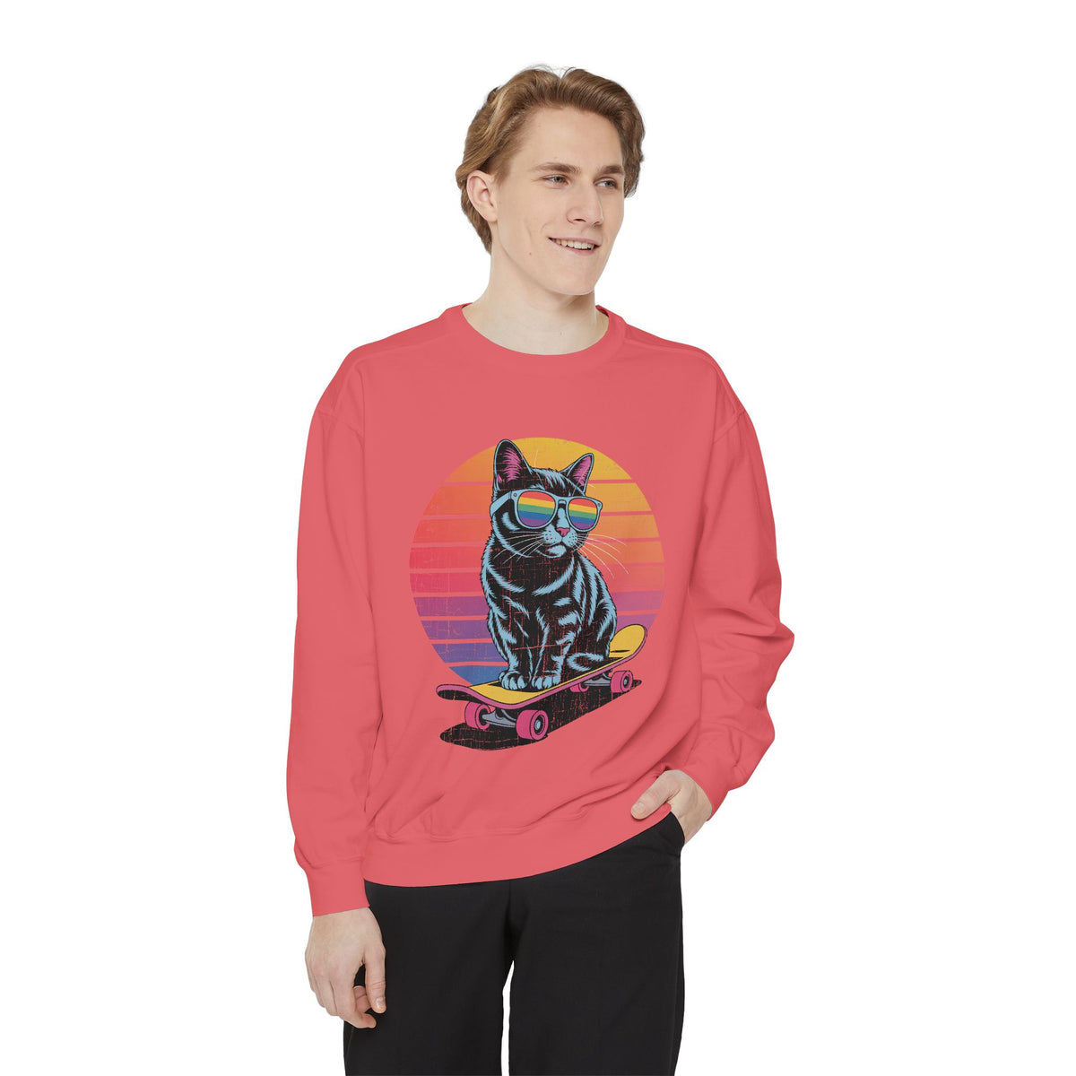 Retro Skateboard Cat Sweatshirt, Rainbow Sunglasses Kitty Crewneck, Funny Cat Lover Gift, Vintage Skater Graphic Cozy Pullover Top