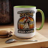 Christian Soccer Goalkeeper Mug, Jesus Saves Coffee Mug, Faith Based Sports Gift, Soccer Player Christian Mug, Goalie Gift for Believers