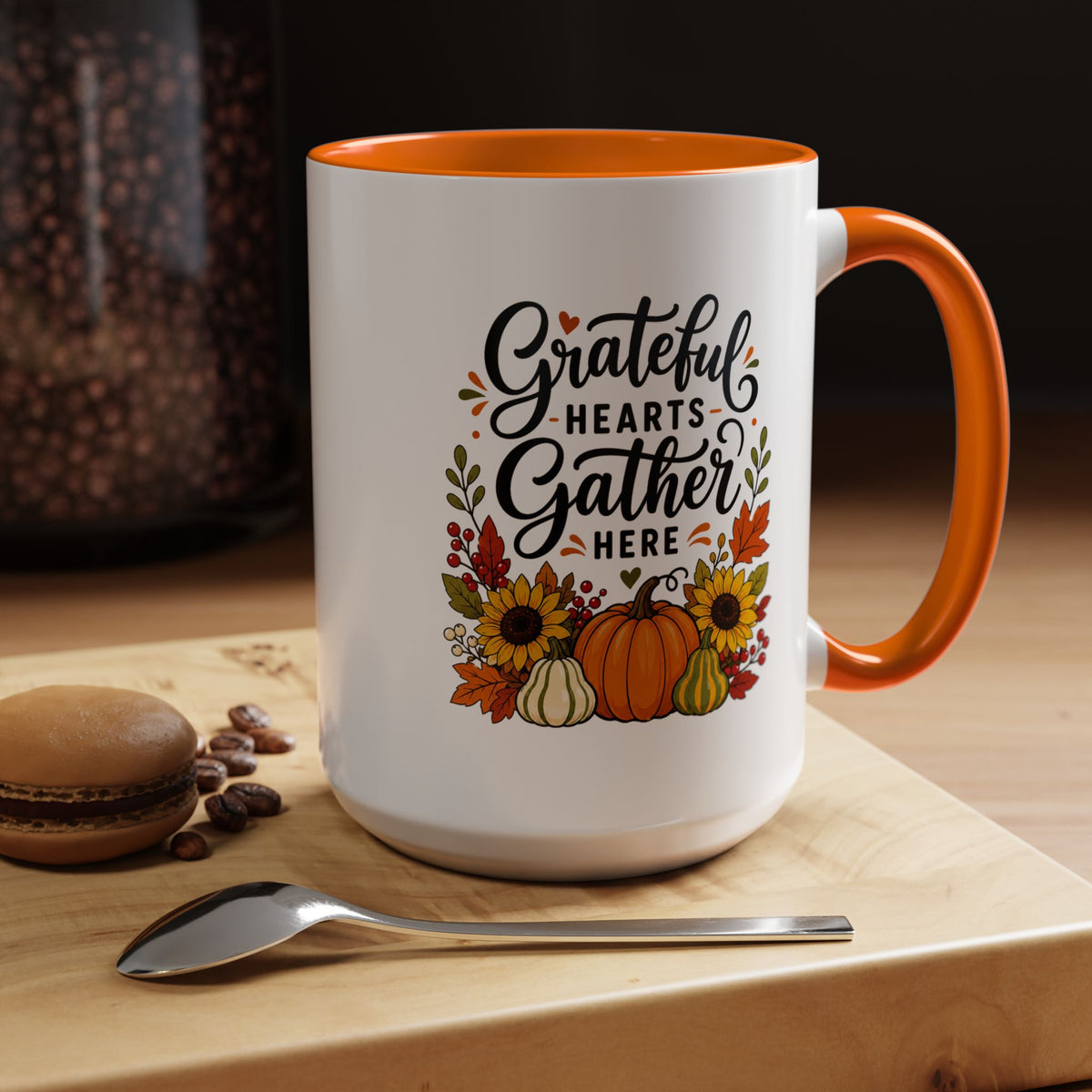 Grateful Hearts Gather Here Mug, Thanksgiving Pumpkin Coffee Cup, Rustic Fall Hostess Gift, Sunflower Harvest Kitchen Decor