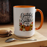 Grateful Hearts Gather Here Mug, Thanksgiving Pumpkin Coffee Cup, Rustic Fall Hostess Gift, Sunflower Harvest Kitchen Decor