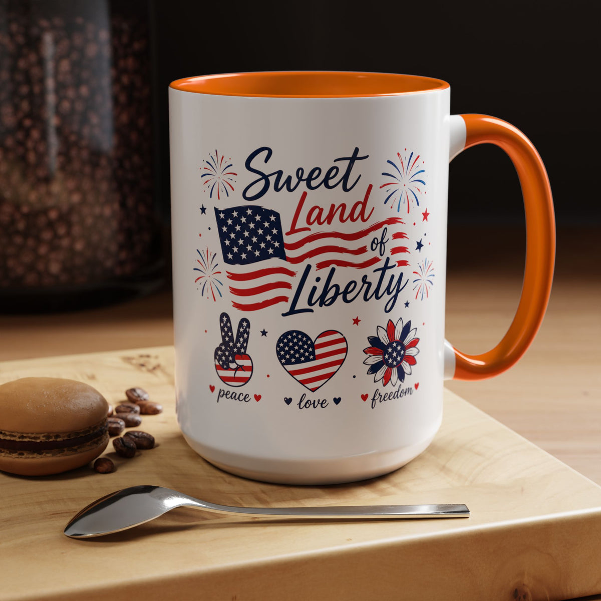 Sweet Land of Liberty Coffee Mug, Patriotic Fourth of July Mug, American Flag Heart Freedom Cup, USA Pride Gift for Women