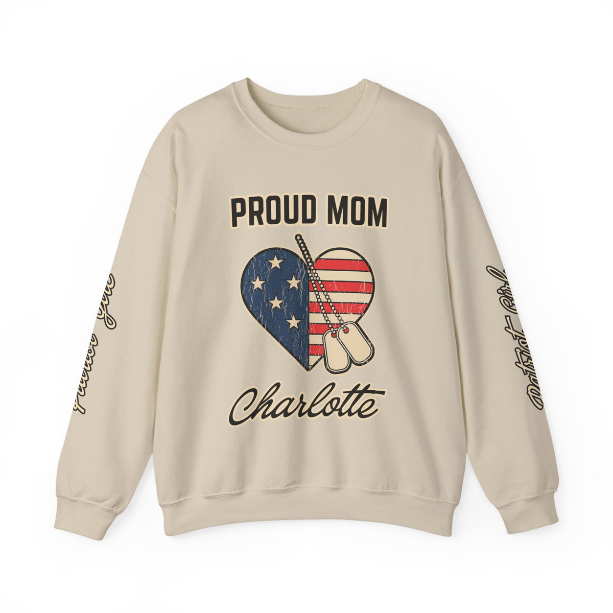 Personalized Proud Mom Sweatshirt, Custom Military Mom Pullover, American Flag Heart Crewneck, Military Mom Gift, Patriotic Mother Shirt