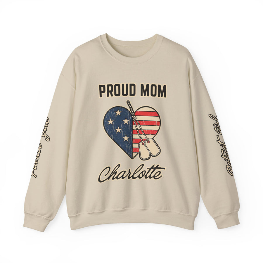 Personalized Proud Mom Sweatshirt, Custom Military Mom Pullover, American Flag Heart Crewneck, Military Mom Gift, Patriotic Mother Shirt