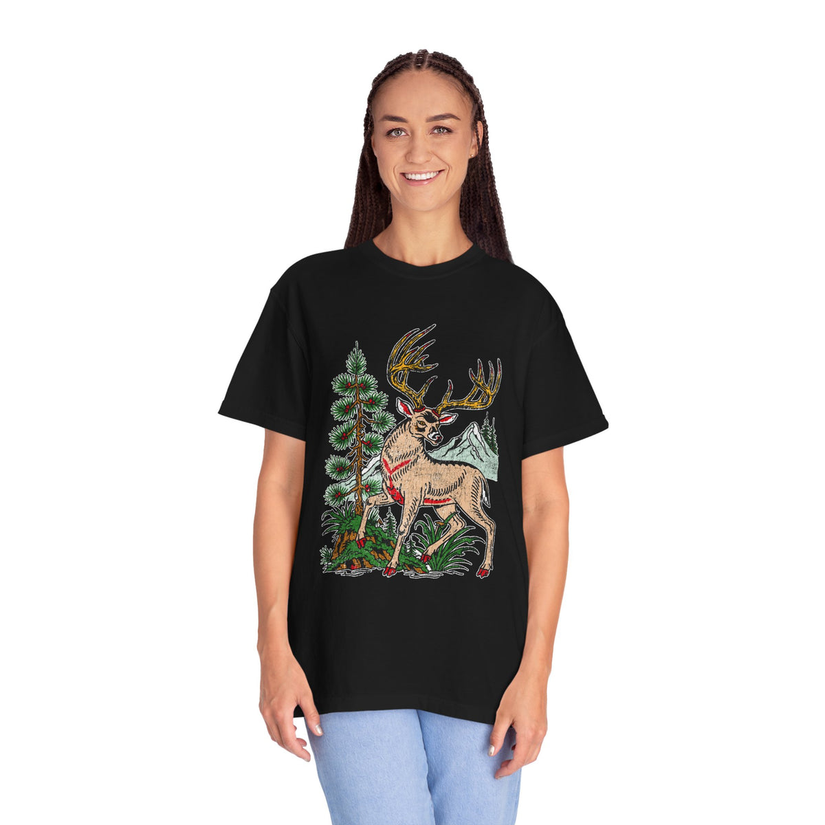 Woodland Deer Shirt, Rustic Stag and Mountain Graphic, Gift for Wildlife Lovers and Hikers, Forest Inspired Cabin Weekend Clothing