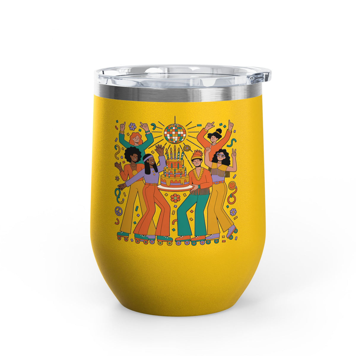 Retro Disco Birthday Wine Tumbler, 70s Roller Skating Party Design, Groovy Drinkware Gift for a Skater Friend Who Loves Vintage Aesthetics