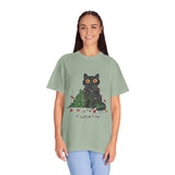 It Wasn't Me Black Cat Christmas Shirt, Funny Holiday T-Shirt, Mischievous Kitty Lights Tee, Gift for Cat Mom, Cat Dad, Christmas Party Top