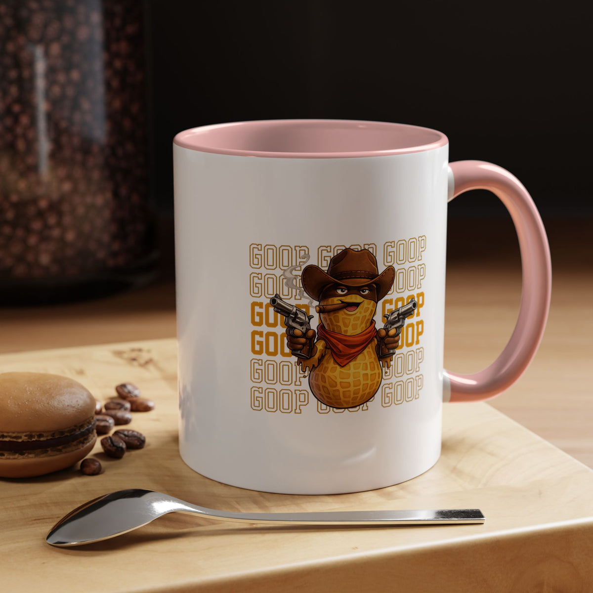Good Repeating Slogan Cowboy Peanut Mug, Funny Western Office Joke Gift for Coworkers, Sarcastic Outlaw Ceramic Tea Cup with Dark Blue Handle