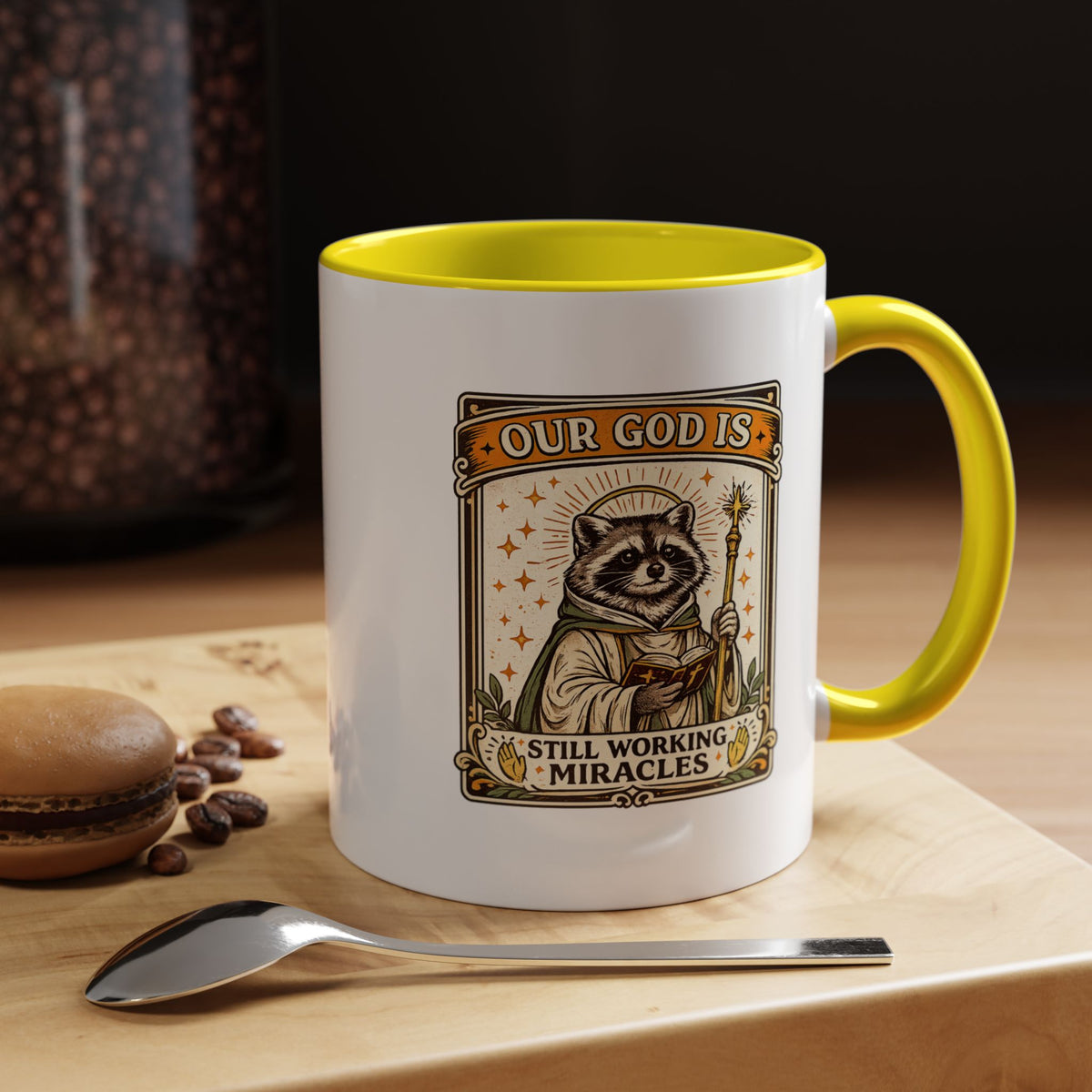 Our God Is Still Working Miracles Coffee Mug, Funny Raccoon Christian Gift for Friends, Cute Religious Parody Trash Panda Ceramic Tea Cup with Black Handle