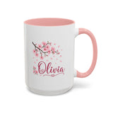Personalized Name Mug, Pink Cherry Blossom Black Accent Coffee Cup, Custom Name Gift for Her, Girl, Daughter, Birthday or Nursery Keepsake
