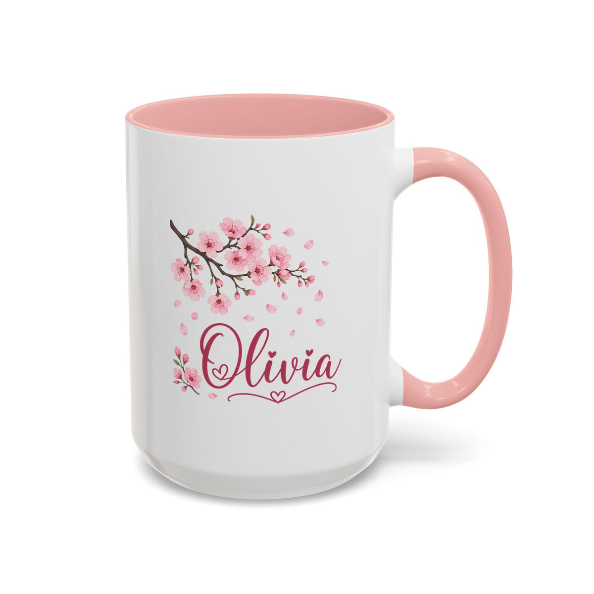 Personalized Name Mug, Pink Cherry Blossom Black Accent Coffee Cup, Custom Name Gift for Her, Girl, Daughter, Birthday or Nursery Keepsake