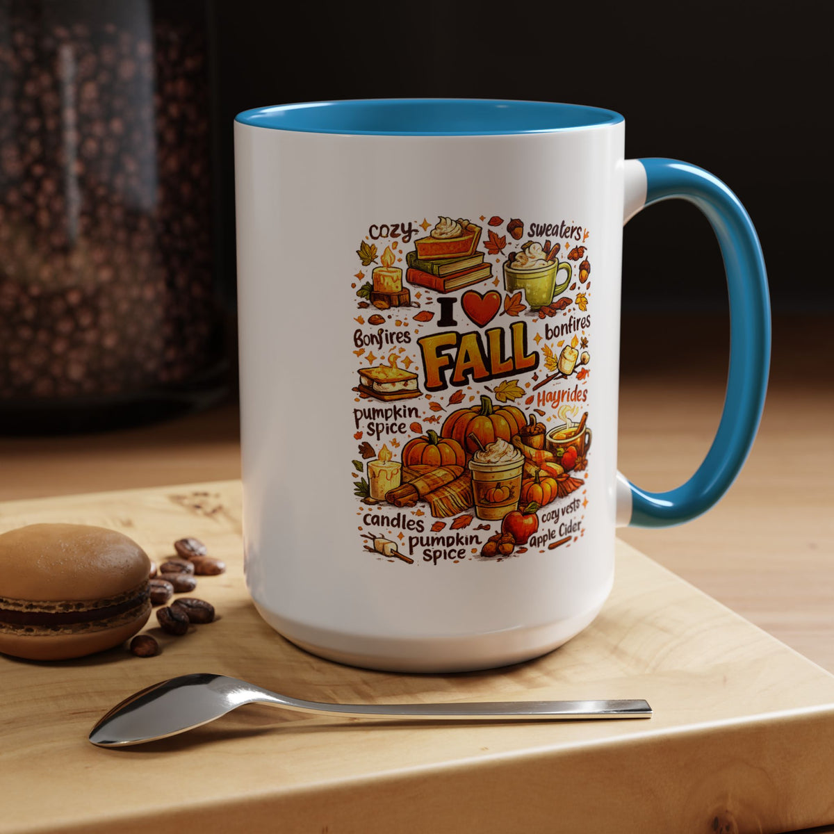 I Love Fall Coffee Mug, Cozy Autumn Pumpkin Spice Cup, Gift for Fall Lover, Book Reader, Teacher or Mom, Thanksgiving Kitchen Decor