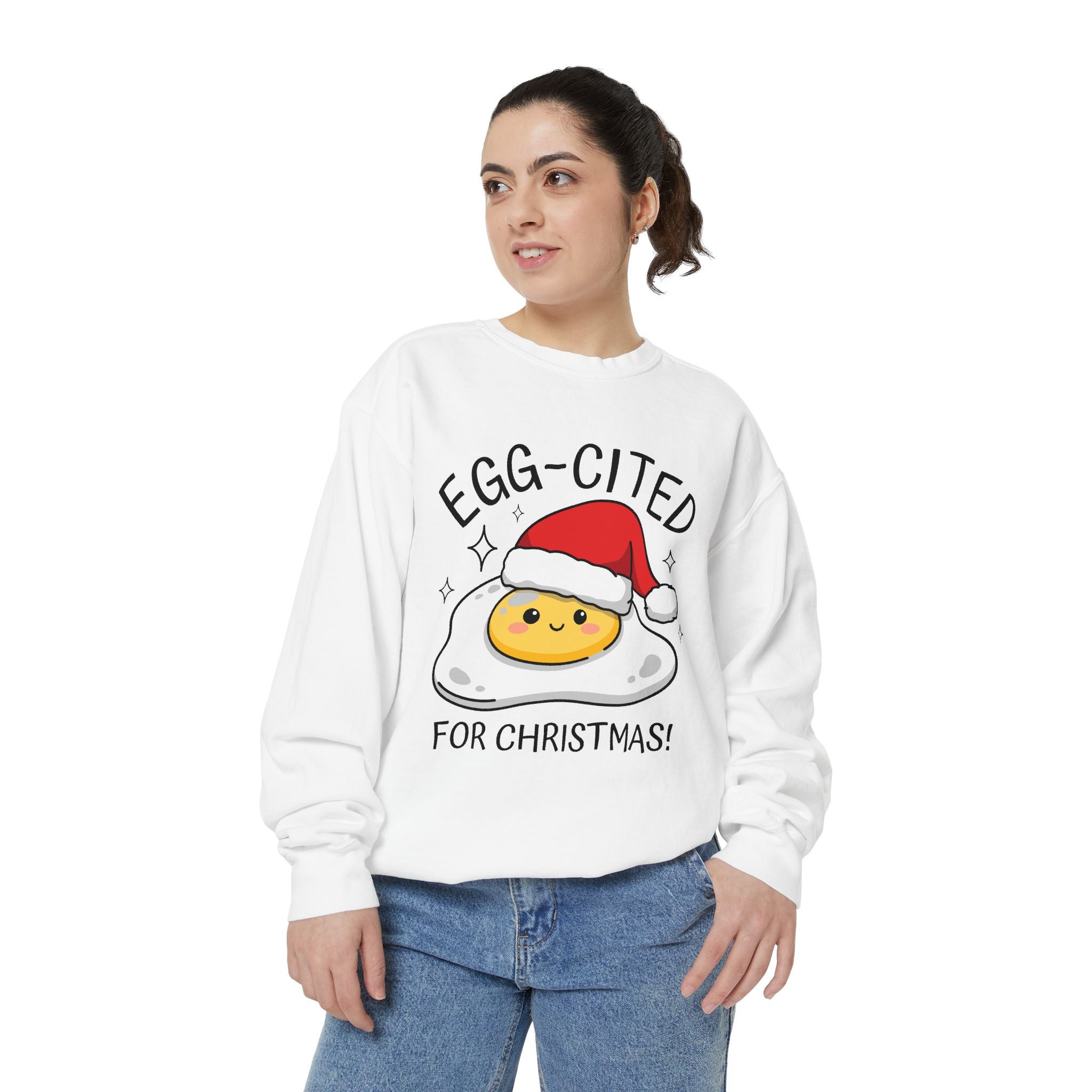 Egg-Cited for Christmas Sweatshirt, Funny Fried Egg Crewneck, Cute Food Pun Holiday Pullover, Christmas Breakfast Gift for Brunch Lover