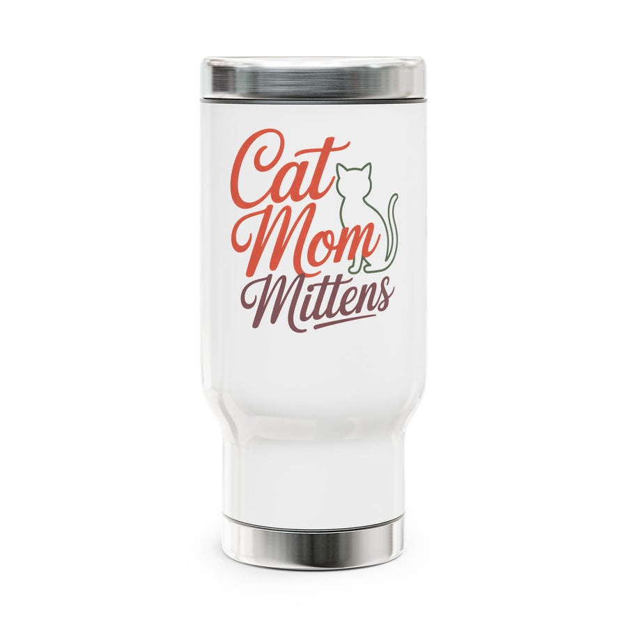 White stainless steel travel mug with a silver lid printed with 'Cat Mom Mittens' text next to a cat silhouette.
